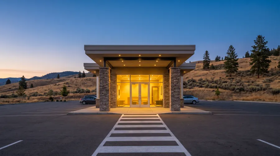 Generated picture: the glass entrance of a low modern building at dusk, a parking lot in front and dry hills behind; not a photo of the casino.